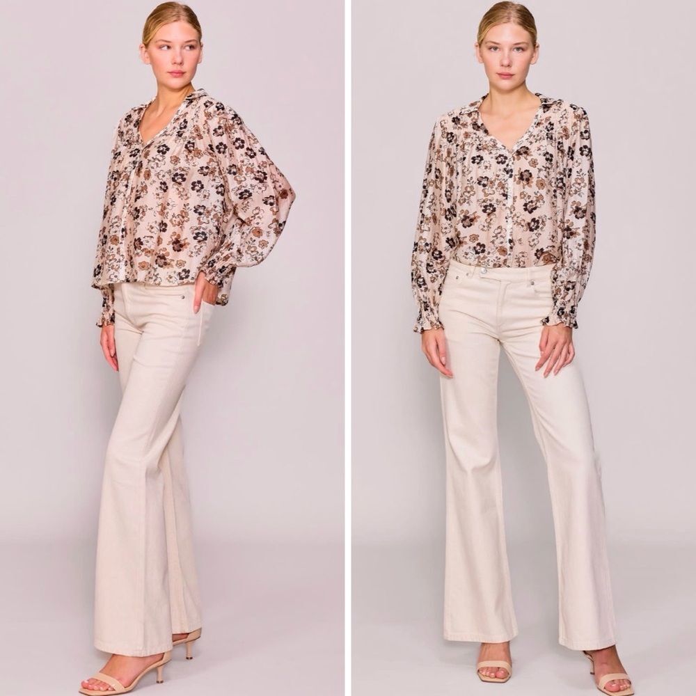 NWOT Melloday Floral Print Blouse Cream and Brown | Size XS - Picture 4 of 11